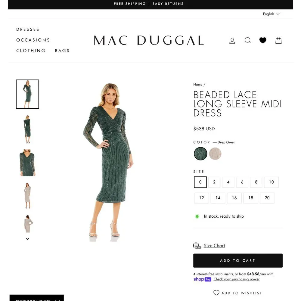 NWT $538 Mac Duggal [ 8 ] 93676 Beaded Lace‎ Long Sleeve Midi Dress Deep Green